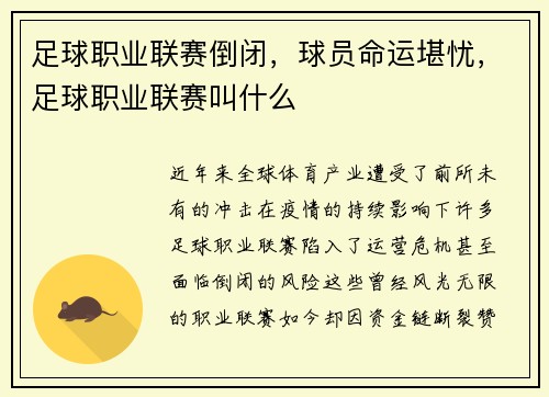 足球职业联赛倒闭，球员命运堪忧，足球职业联赛叫什么