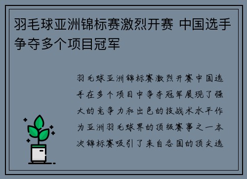 羽毛球亚洲锦标赛激烈开赛 中国选手争夺多个项目冠军