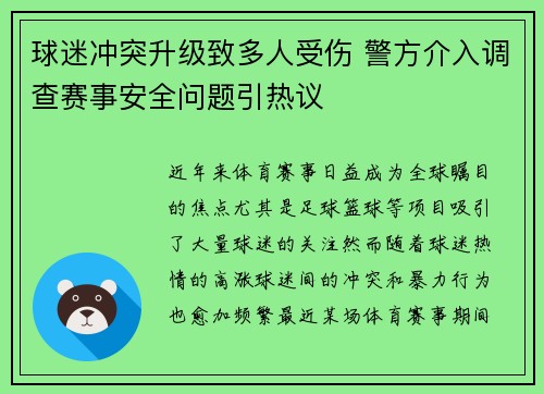 球迷冲突升级致多人受伤 警方介入调查赛事安全问题引热议