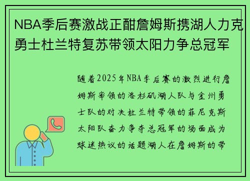 NBA季后赛激战正酣詹姆斯携湖人力克勇士杜兰特复苏带领太阳力争总冠军