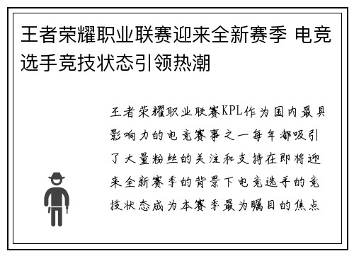 王者荣耀职业联赛迎来全新赛季 电竞选手竞技状态引领热潮