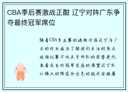 CBA季后赛激战正酣 辽宁对阵广东争夺最终冠军席位